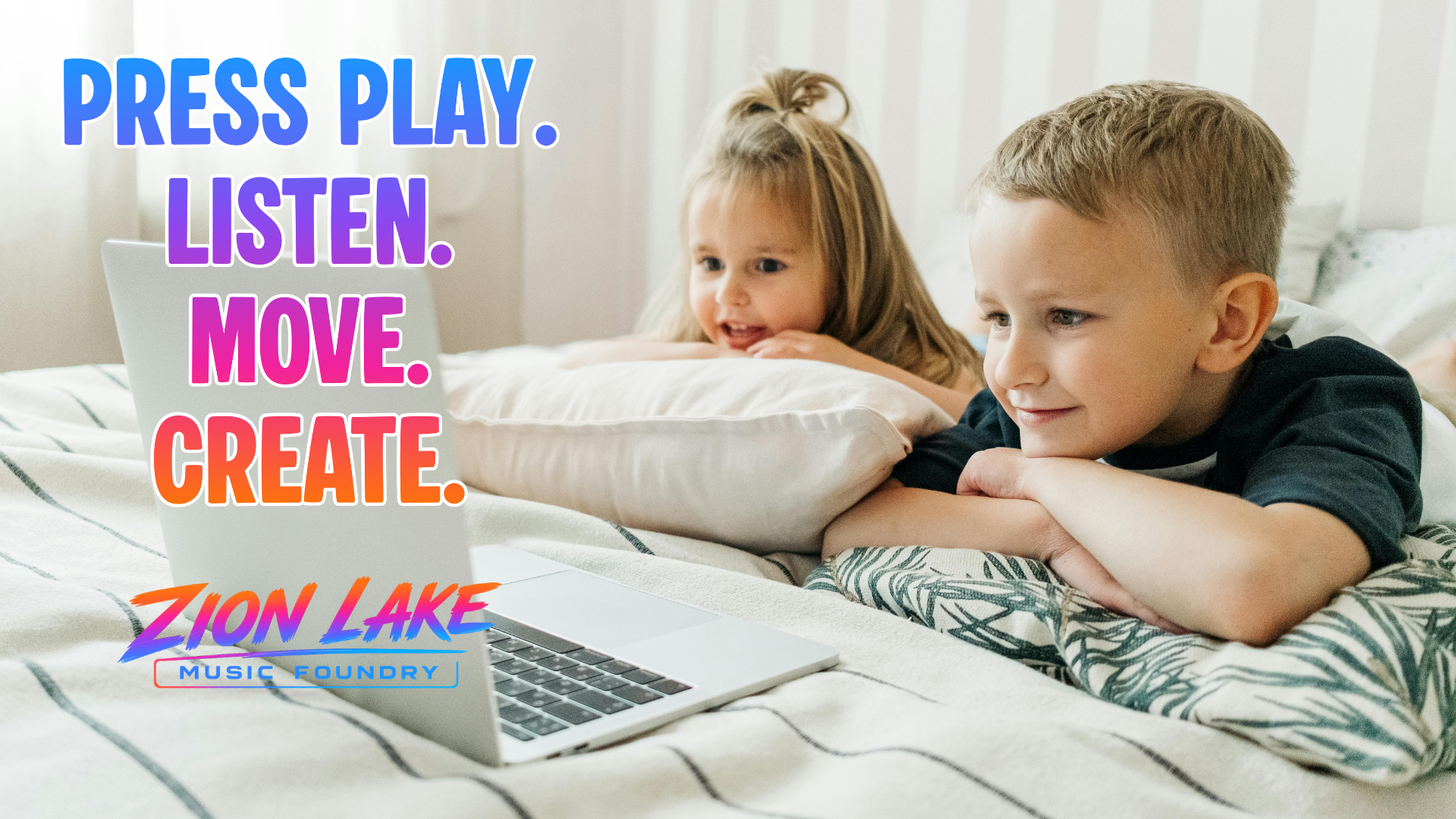 children enjoying a Zion Lake Music Foundry homeschool music lesson on a laptop